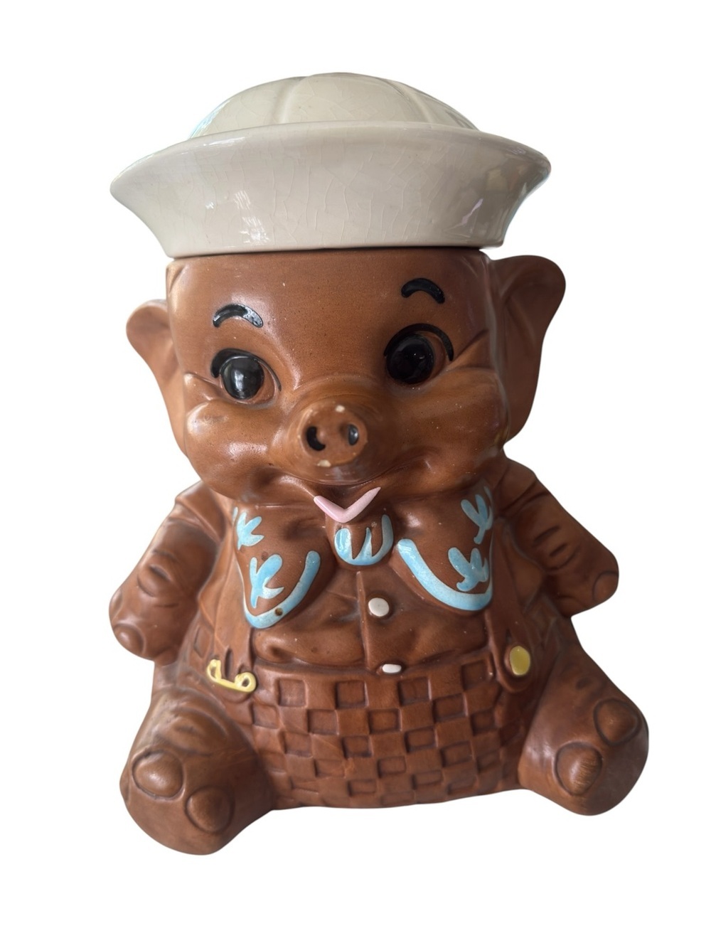 Twin Winton Baby Elephant Sailor Brown Ceramic Cookie Jar with Cap Whimsical